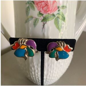 Vintage Multicolor Enamel Clip Floral Earrings, in Silver tone, Unmarked